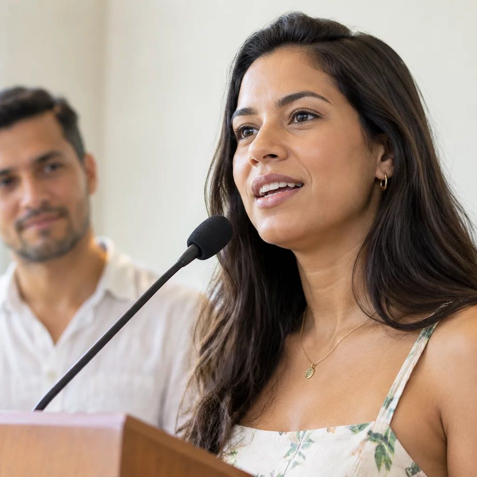 Microfone deitado na mesa, com a roda de participantes desfocada ao fundo