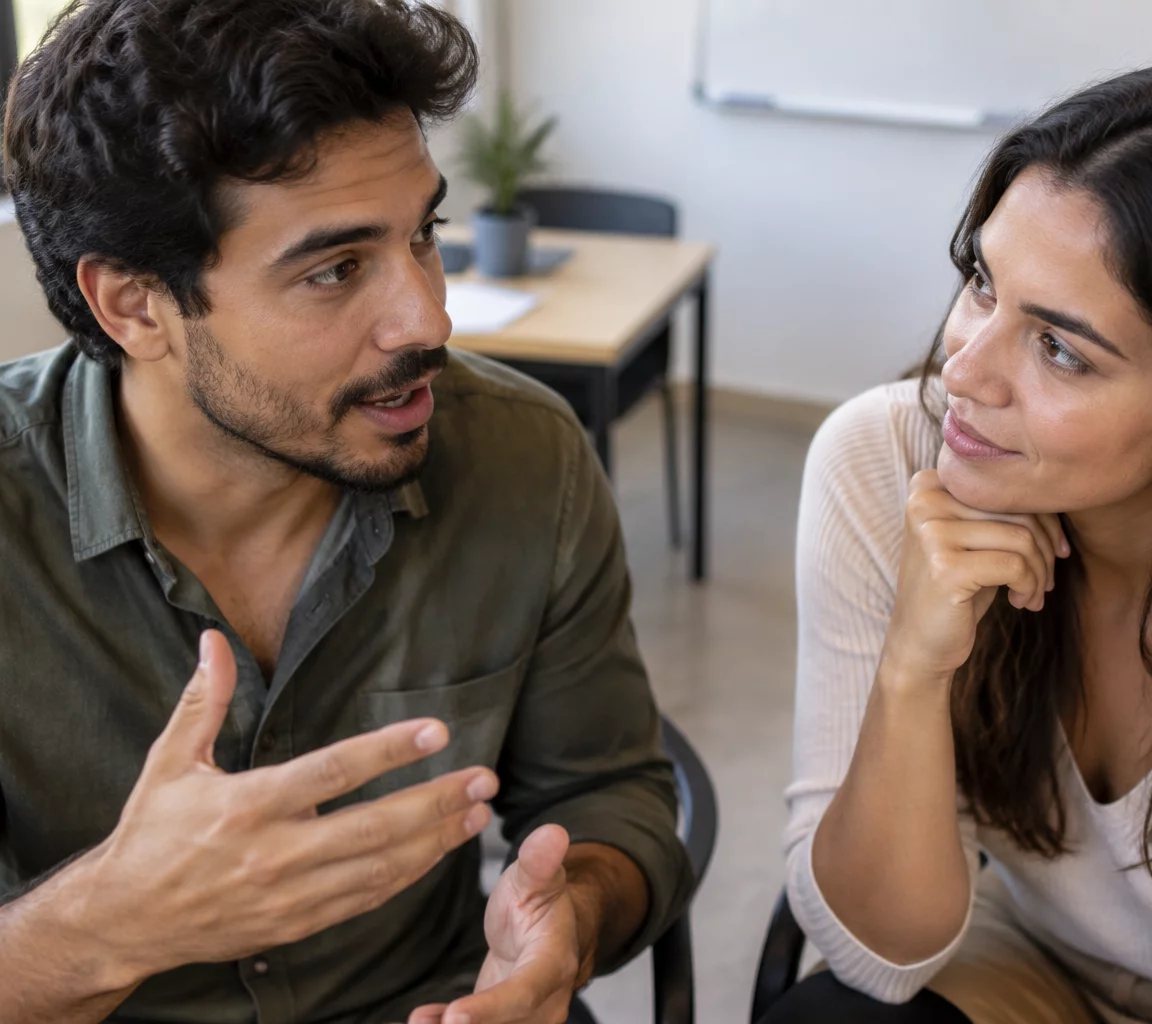 Participante de pé no meio da roda, com a folha de anotações na mão, sustentando um ponto
