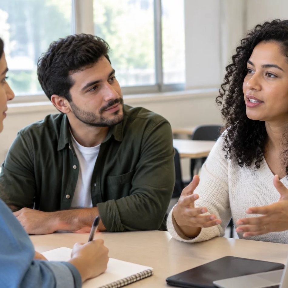 Duas participantes conversando de pé entre as estantes de uma biblioteca